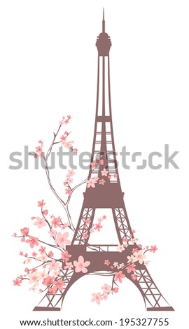 eiffel tower outline among pink flowers - spring season in Paris