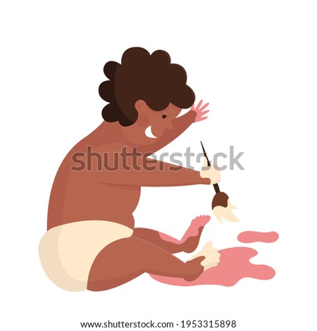 Little black fat funny toddler boy sitting on the floor. Baby brawler playing with paints. Children's games. Flat illustration of a child drawing. Hands and feet in paint. Kindergarten, art school