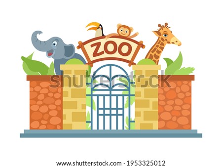 Zoo entrance gate. The zoo is home to an elephant, a giraffe, a monkey, a parrot. Vector illustration in cartoon style isolated. Royalty-Free Stock Photo #1953325012