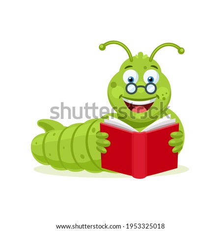 Bookworm. Cute cartoon character with glasses reading a book. Vector illustration isolated on white background.