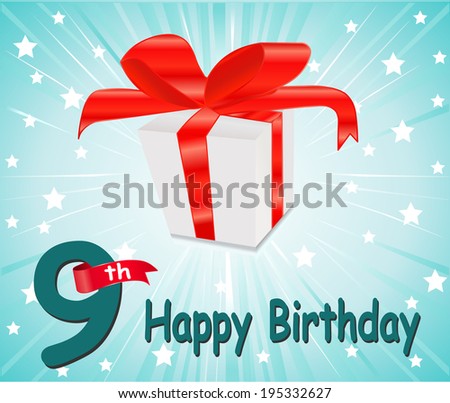 9 year Happy Birthday Card with gift and colorful background in vector EPS10