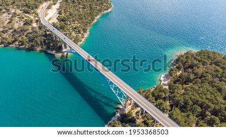 Aerial view on Morinje bridge in Croatia, right next to Šibenik, Croatia. Air view. Air photography Croatia. Dalmatian coastline.