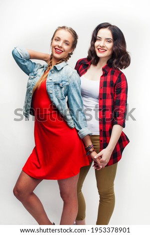 best friends teenage girls together having fun, posing emotional on white background, besties happy smiling, lifestyle people concept