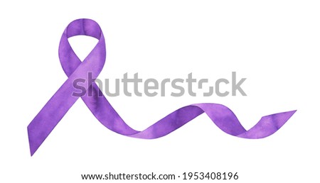 Watercolor drawing of purple waving decorative ribbon with artistic brushstrokes and stains. Hand painted water color graphic illustration, cut out clip art element for design, banner, poster, print.