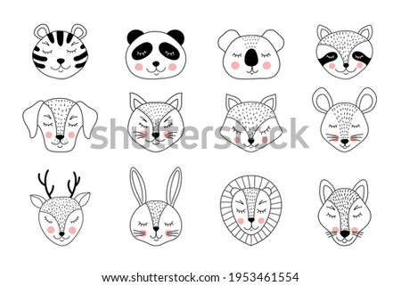 Collection of hand drawn animals on white background.