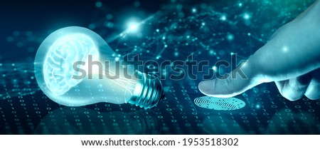 Protect intellectual property with Biometric security. Converging point of light bulb with glowing human brain inside. Intellectual property protection or Patent idea protection Concept. 3D Rendering. Royalty-Free Stock Photo #1953518302