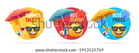 Set of summer sale discount tags, circle shapes with 3d illustration of smiley face emoji with umbrella and cocktails in sunglasses on the beach having fun Royalty-Free Stock Photo #1953525769