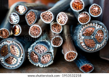 Macro photo of many copper wires twisted into rods and covered with plastic or rubber isolation. Isolated copper wire endings cutter in half lying on a pile. Royalty-Free Stock Photo #1953532258