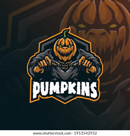 Pumpkins mascot logo design vector with modern illustration concept style for badge, emblem and tshirt printing. Angry pumpkin illustration for sport team.