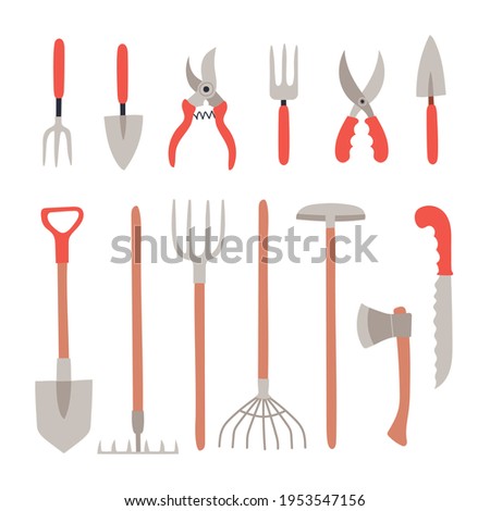 Set of gardening tools in a simple hand drawn style. Various agricultural and garden items for work in yard. Vector illustration on white background.