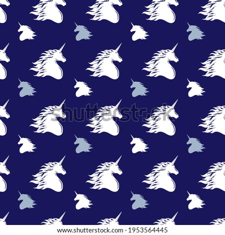 Pattern unicorn head silhouette. White silhouette on a blue background. Element for creating design and decoration.