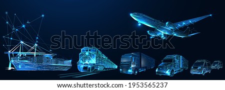 Third party logistics, 3pl, transport, cargo export, import. Integrated warehousing and transportation operation service. Air, road, maritime delivery. Digital polygonal low poly 3d mesh illustration Royalty-Free Stock Photo #1953565237
