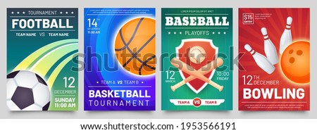Sport games flyer. Basketball, baseball, football match and bowling tournament posters. Soccer, ball game event banner templates vector set. Championship or competition announcement