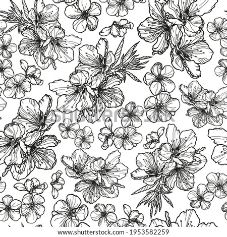 Monochrome outlines of blossom branches hand-drawn in pen and ink. Spring flowers on tree branch. Black on white. Decorating wrapping, bed linen, stationery, wallpaper, fabric. Vector background.