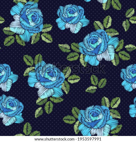 Embroidery seamless pattern with blue flowers of roses. Beautiful print for fabric.