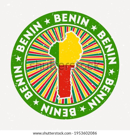 Benin round stamp. Logo of country with flag. Vintage badge with circular text and stars, vector illustration.