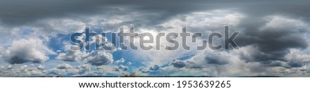 Sky panorama at noon with cumulus clouds in a seamless spherical equiangular format as a full zenith for use in 3D graphics, game play, and in aerial drone 360-degree panoramas to replace the sky.