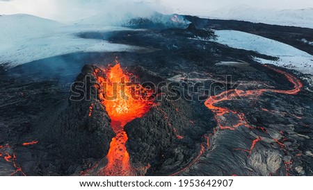 Iceland Volcanic eruption 2021. The volcano Fagradalsfjall is located in the valley Geldingadalir close to Grindavik and Reykjavik. Hot lava and magma coming out of the crater. Royalty-Free Stock Photo #1953642907