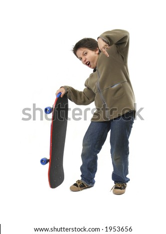 Skater boy making funny expressions. Full body, white background. More sports pictures at my gallery