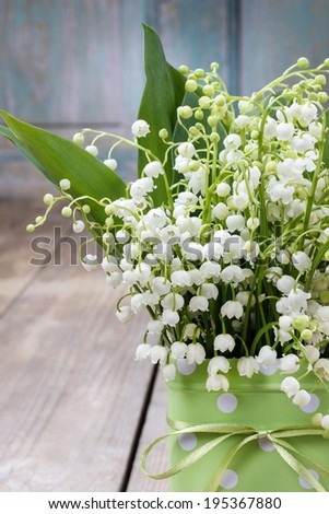 Bouquet of lily of the valley flowers in green dotted can