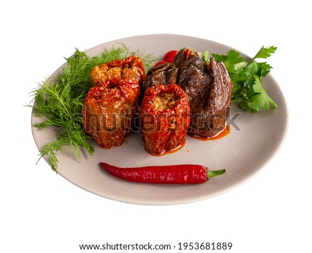 Stuffed dried eggplant isolated on a white background. Local name kuru patlıcan dolması. Healthy foods