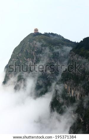 Beautiful Chinese pagoda and cloudy sea on Emei mountain