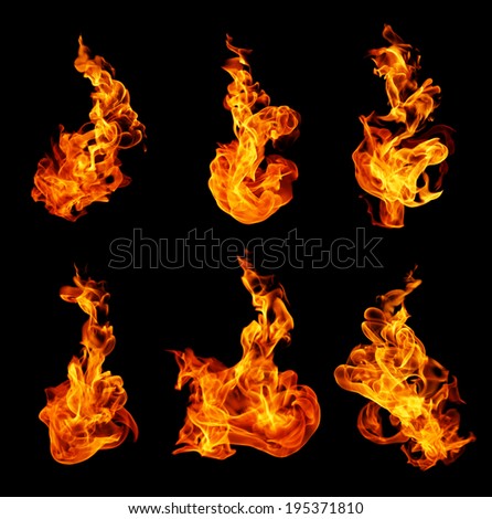Fire flames collection isolated on black background Royalty-Free Stock Photo #195371810