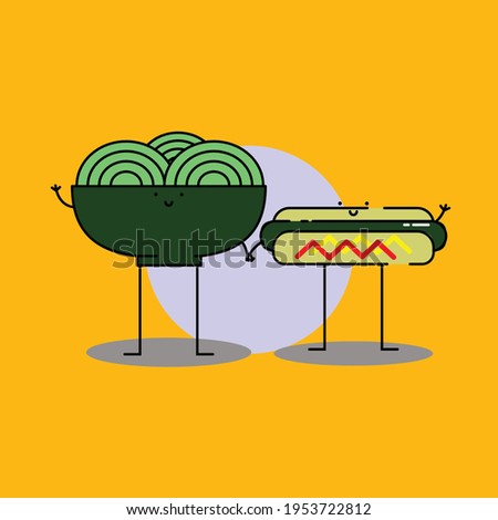Cute hotdog and noodle hold hand Illustration. modern simple food vector icon, flat graphic symbol in trendy flat design style. Food character.