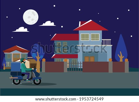 Evening Delivery service arrives in a house. Editable Clip Art. 