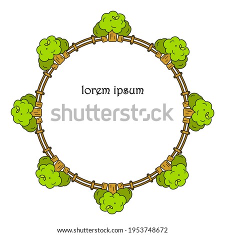 Colored circle frame with cartoon trees and wooden fence. Great element for your design.