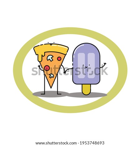 Cute pizza and ice cream hold hand Illustration. modern simple food vector icon, flat graphic symbol in trendy flat design style. Food character.