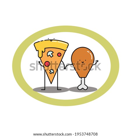 Cute pizza and chicken drumstick hold hand Illustration. modern simple food vector icon, flat graphic symbol in trendy flat design style. Food character.