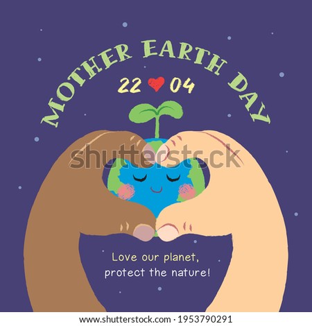 22 April - Mother Earth Day. Two hands making heart shape with cute cartoon Earth on starry background. Love our planet, go green and save the Earth. Tree-planting flat vector illustration. 