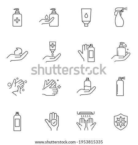 Antiseptics and Antivirus Protection Icon Set. Collection of linear simple web icons such as Anti-Virus Protection, Нand Hygiene, Soap, Antiseptic. Outline Signs. Web Design, Mobile App. Eps10