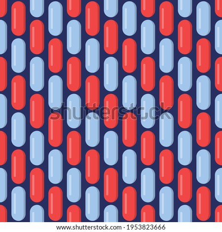 Vector seamless pattern with pills, tablets of red and blue colors, isolated on dark blue background. Medical preparations. Flat design. Color illustration.