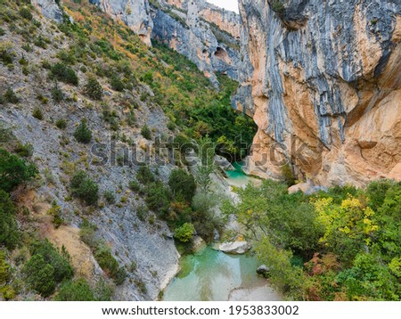 View of Sierra de Guara gorge and Vero river near Alquezar town, Huesca province in Aragon, Spain Royalty-Free Stock Photo #1953833002