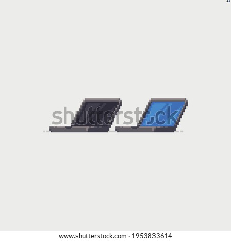 Two pixel art laptop icons with screen turned off and with blue screen
