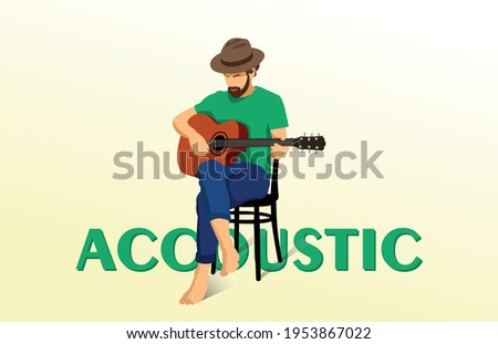Man with round Hat Reading Acoustic guitar vector illustration
