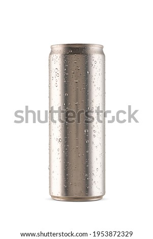 350ml beer can without label for mockup isolated on a white background and drops