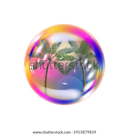 Volumetric image of a soap bubble. Palm trees symbol of relaxation. The sign is shiny and iridescent. Vector graphics for decoration.
