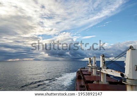 Various kinds of colorful blue sky, white clouds and open spaces of the world ocean. Seascapes. View from the side of a sea ship while moving and in the port at anchor.