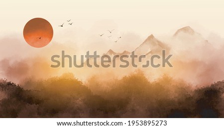 Sunrise landscape with misty forest, distant mountains and sunrise sky. Traditional oriental ink painting sumi-e, u-sin, go-hua Royalty-Free Stock Photo #1953895273