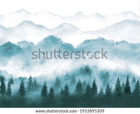 Landscape with misty green forest trees. Traditional oriental ink painting sumi-e, u-sin, go-hua.