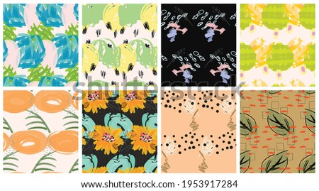 Abstract seamless pattern set with hand drawn scribbles. Bright colored doodles made by marker crayon paint. Rough ink blobs and splashes with floral garden motif. Artistic wallpaper design kit.