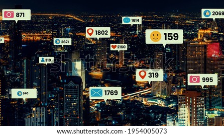 Social media icons fly over city downtown showing people engagement connection through social network application platform . Concept for online community and social media marketing strategy .