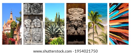 Collection of vertical banners with famous landmarks of Mexico. Aztec goddess of death Coatlicue, Archangel church Dome Steeple in San Miguel de Allende, palms and ocean waves, cactus garden