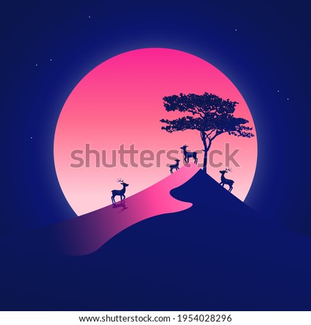 Landscape background with desert at night, deers, moon, and tree