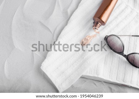  Stains from self-tanner on white towels. Flat lay, top view. High quality photo