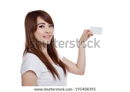 Asian girl hold a white card look at camera isolated on white background