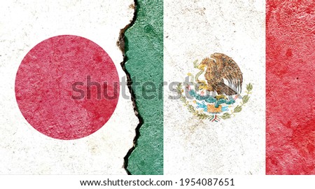 Grunge Japan VS Mexico national flags icon pattern isolated on broken cracked wall background, abstract international political relationship friendship divided conflicts concept texture wallpaper